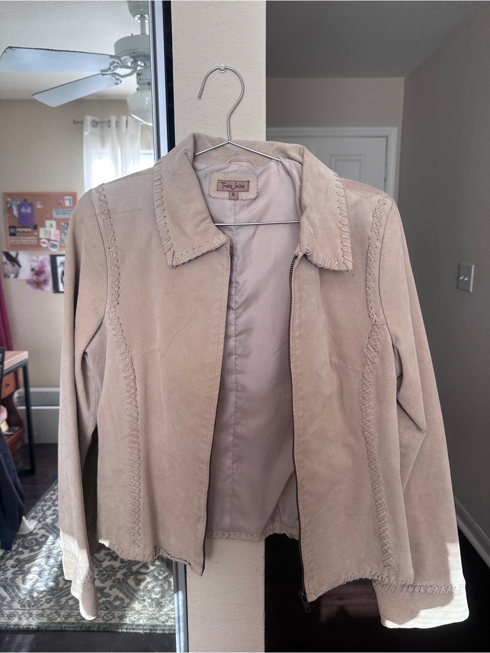 Tres Jolie Accessories Light Beige Suede-Style Zip Jacket